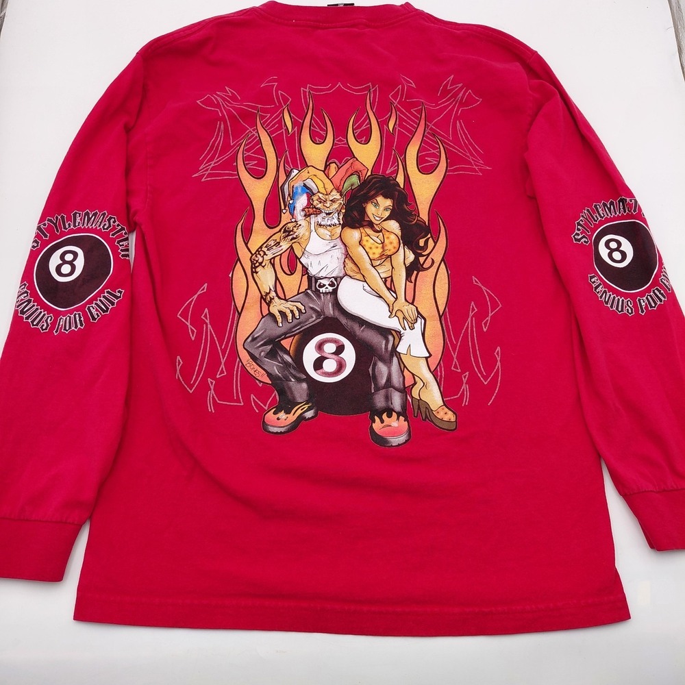 Vtg 90s Style MASTER Red Flame 8 Ball USA Mens M Long Sleeve Hits Y2K AAA Tag